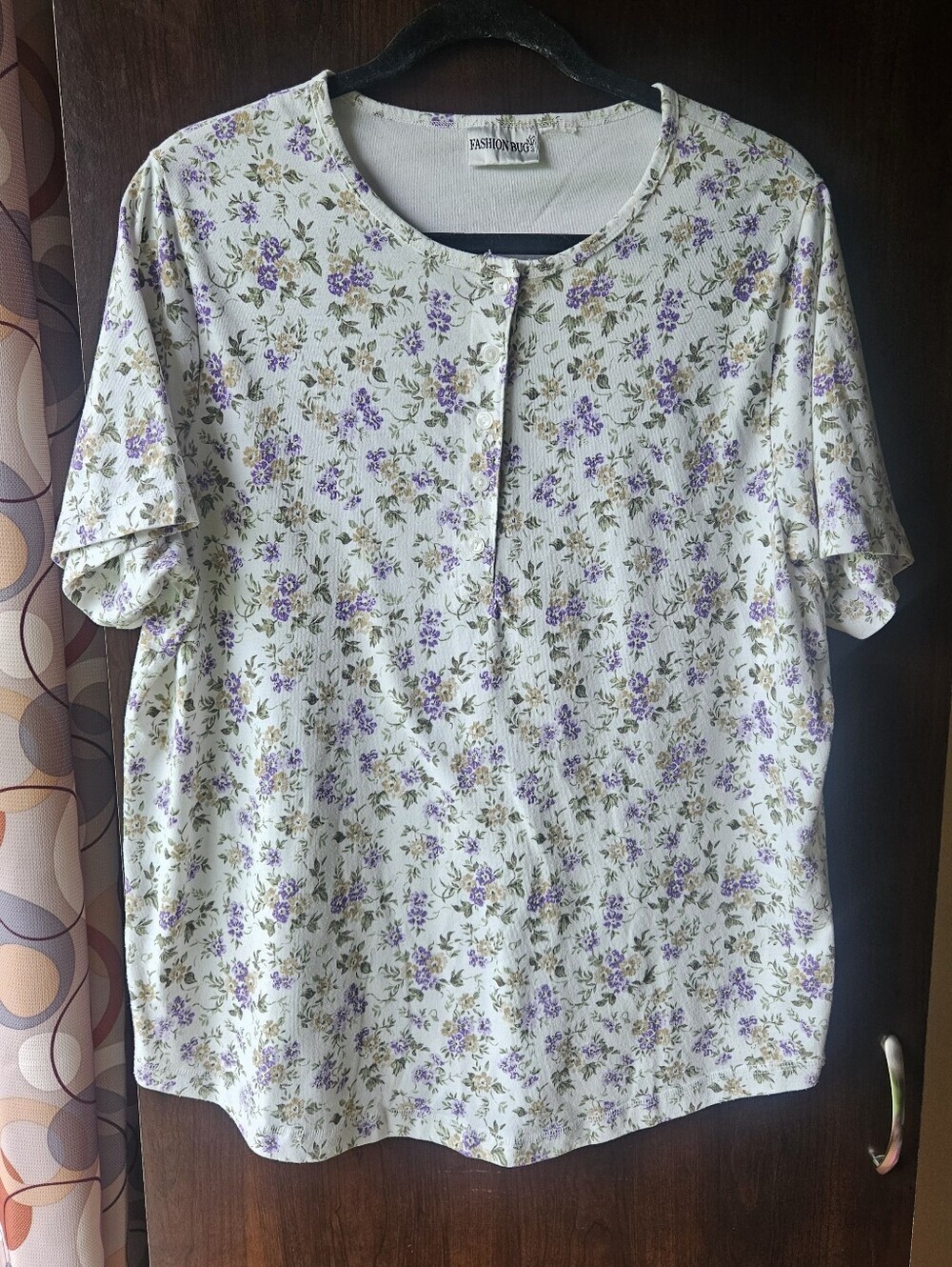 Fashion Bug White And Purple Floral Short Sleeve Top